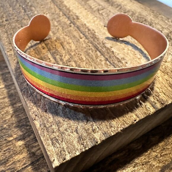 Handmade Boho Copper Wide Cuff Bracelet, Diamond Cut Rainbow Pride Design, Gift - Picture 8 of 11